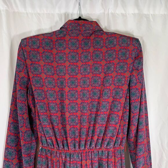 Leslie Fay Midi Dress Women's 8 Petite Red Blue Long Sleeve Collared Pleated - Picture 9 of 10